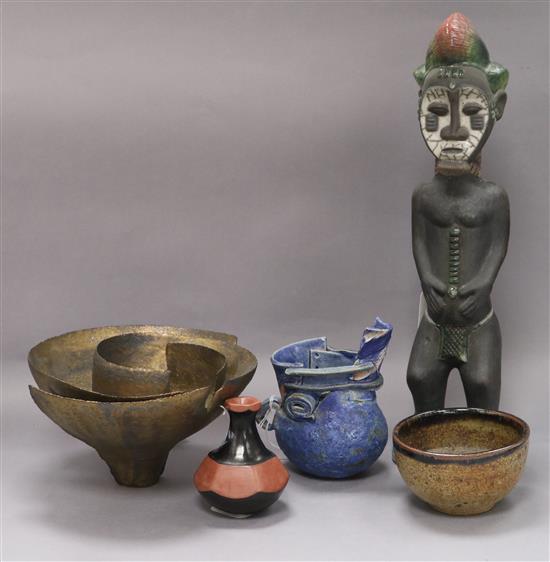 An African Baule-style part-glazed black stoneware figure and sundry studio pottery ceramics, H 40cm